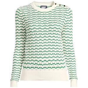 Land's End Green White Cotton Blend Pointelle Stripe Crew Button Trim Sweater MP